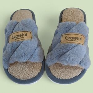 Grace Plush Cross-Strap Kids Slide Sandals in Blue